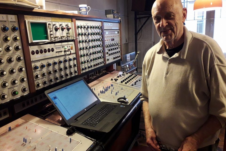 Paul Pignon preparing his patch on the EMS Synthi 100 for the opening, March 2018